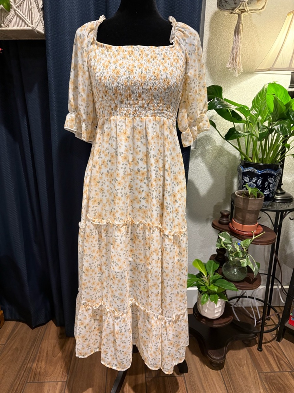 Smocked Square-Neck Maxi Dress in Yellow Floral